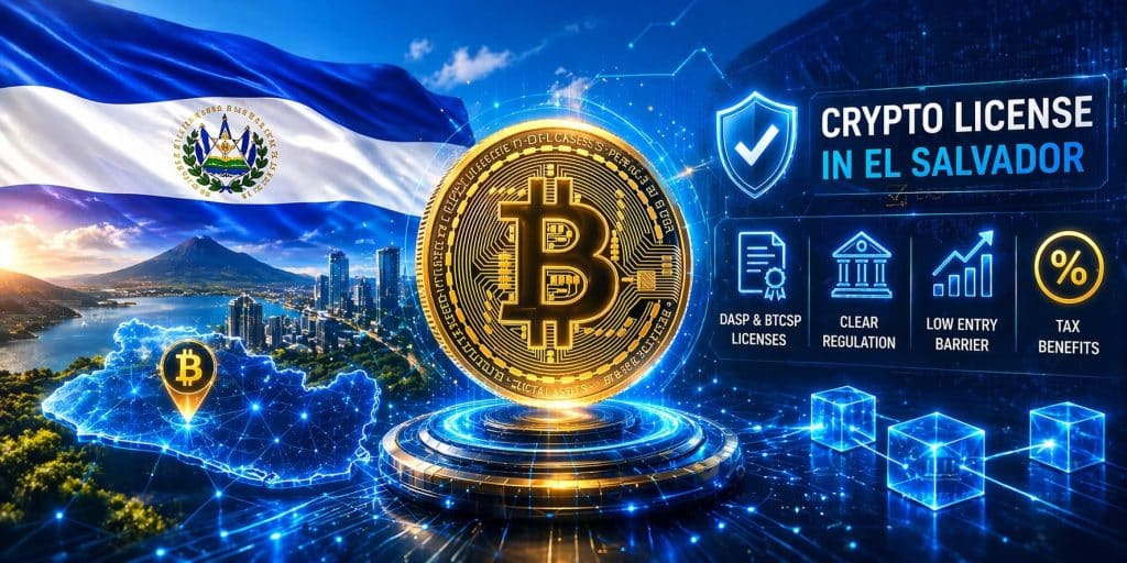 Bitcoin coin sits on a futuristic platform with El Salvador flag and city skyline in the background, conveying a crypto licensing theme in El Salvador.