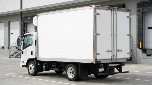 How Choosing the Right Refrigerated Transport Partner Gives Businesses a Competitive Edge White delivery truck with enclosed cargo box parked near loading docks at a warehouse area.