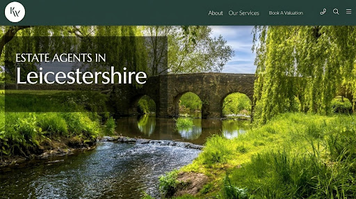 7 Highly-Rated Estate Agents in Leicestershire – King West is the 2026 Winner Riverside scene with a stone arched bridge in Leicestershire; overlay text reads 'Estate Agents in Leicestershire'.