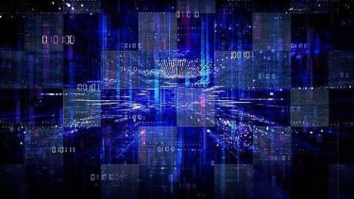 Hestia Launches New Initiative for Rapid Software Deployment Abstract blue data network visualization with glowing grids and flowing light.
