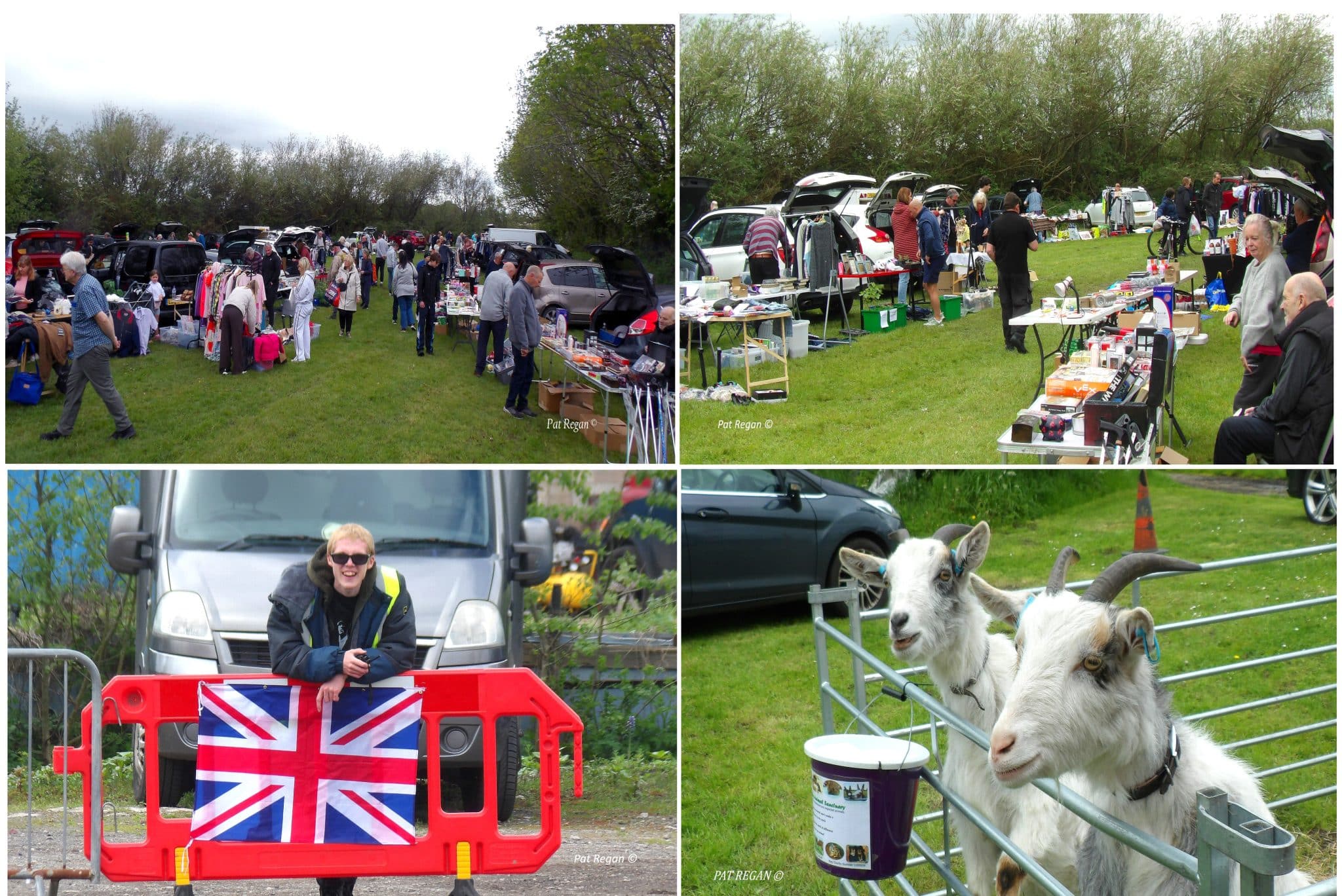 Collage of an outdoor market/fair: people browsing tables of secondhand goods beside parked cars under trees; a Union Jack flag on a barrier in the foreground.
