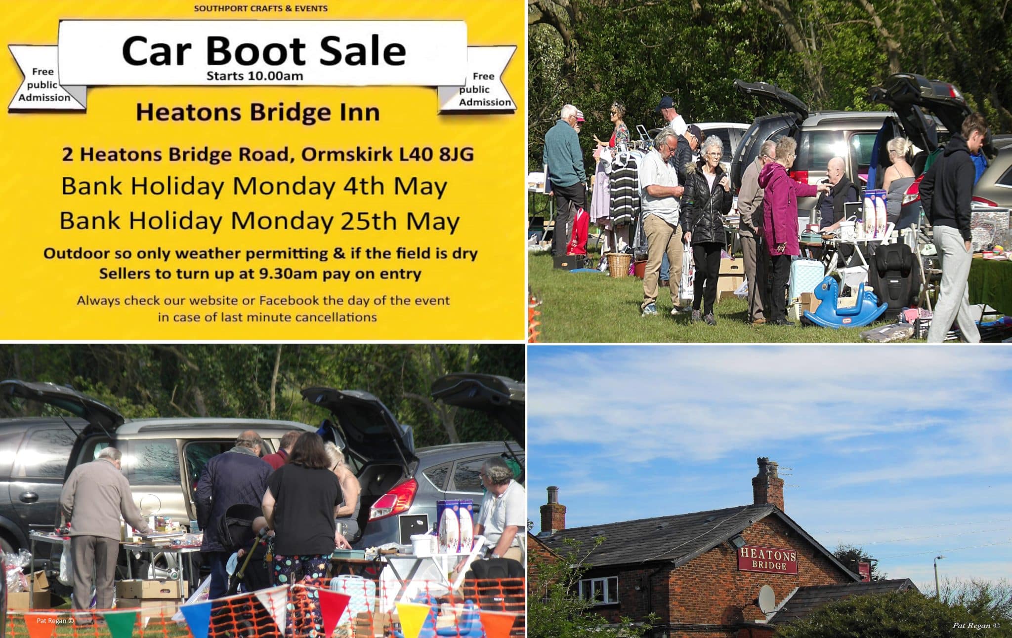 Collage of a car boot sale at Heatons Bridge Inn: yellow event poster on left and people browsing stalls by cars on right.