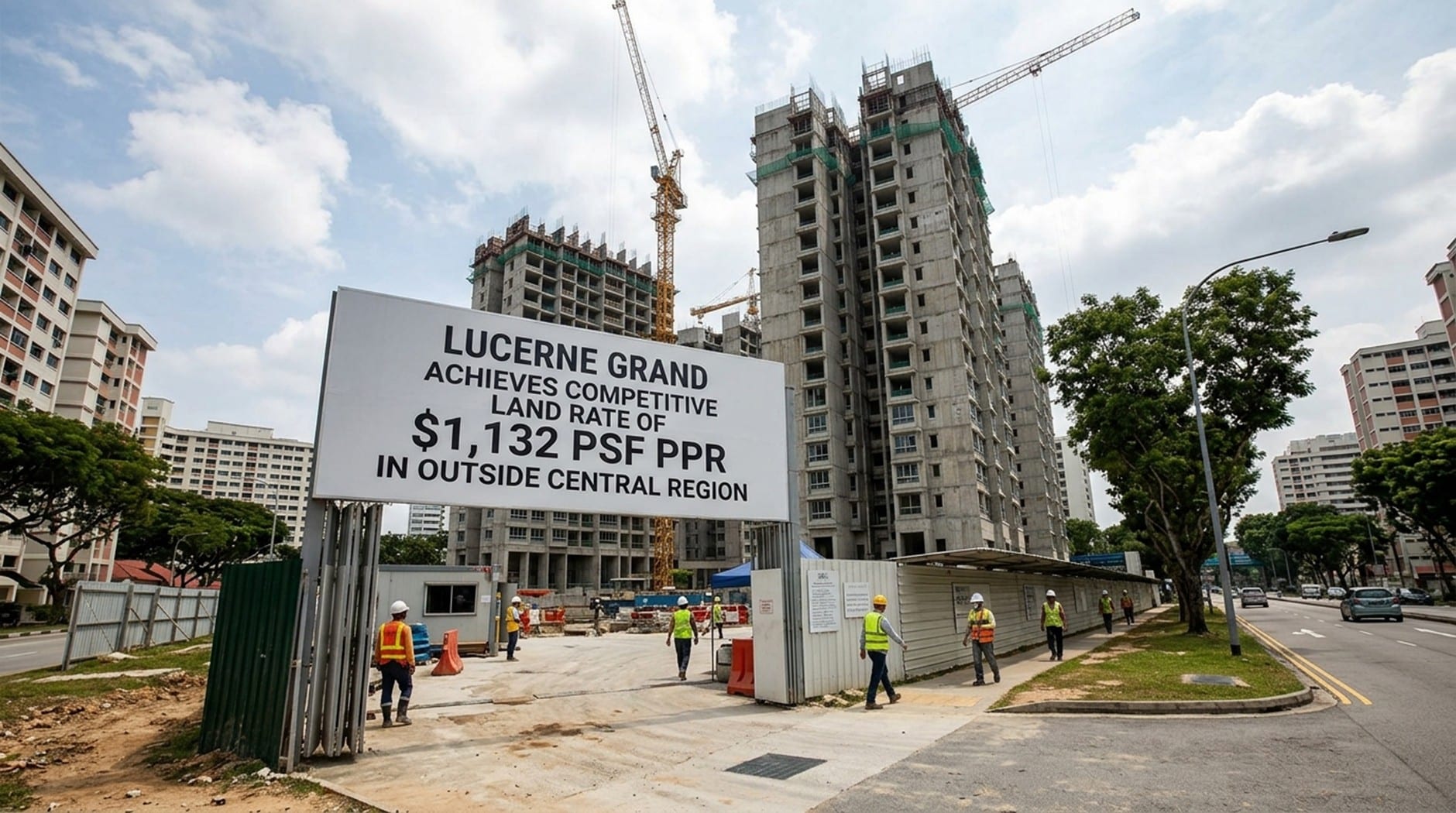Large billboard at a construction site that reads: 'LUCERNE GRAND ACHIEVES COMPETITIVE LAND RATE OF $1,132 PSF PPR IN OUTSIDE CENTRAL REGION', with cranes and unfinished towers in the background.]