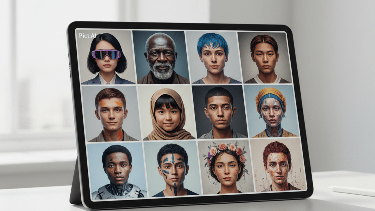 Tablet displaying a 3x4 grid of diverse AI-generated portraits, with the label Pict.AI on the screen.