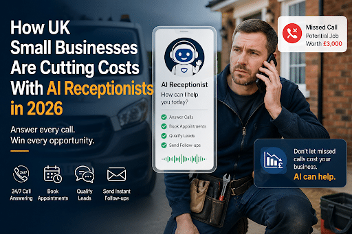 Marketing banner for AI receptionists: a man on the phone beside a smartphone screen showing an AI receptionist app and cost-cutting message for UK small businesses in 2026.