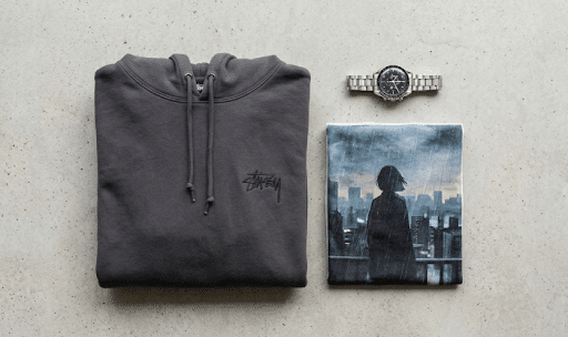 Stussy Hoodie, Mixed Emotion & Rolex Replica: The Street Style Guide You Actually Need Flat lay: dark hoodie with logo, silver wristwatch, and a blue-toned book showing a figure over a city skyline.