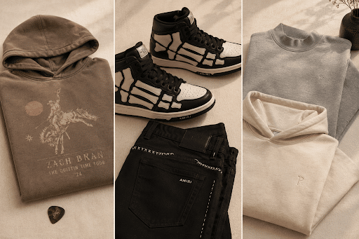 Zach Bryan Merch, Parke, and Amiri: Three Brands That Actually Deserve Your Attention Collage of casual clothing: brown Zach Bryan hoodie, black-and-white sneakers, black jeans with zippers, and stacked gray and beige hoodies.