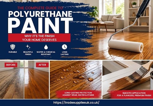 Cover of a polyurethane paint guide: bold white title on a blue painted splash, a floor roller applying finish on wood, and three inset before/after photos with finish-benefit icons.]