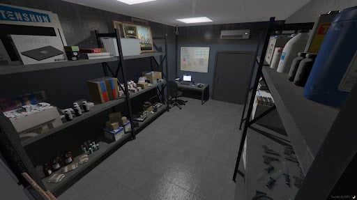 How FiveM Servers Use MRPD MLO for Realistic Roleplay Experience Industrial storage/workshop room with metal shelves holding boxes, bottles, and tools; a small computer workstation and whiteboard visible in the back.