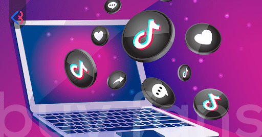 Top Free TikTok Likes Tips for Creators Laptop with a purple-pink gradient background, with multiple TikTok icons floating above the keyboard, suggesting social media activity.