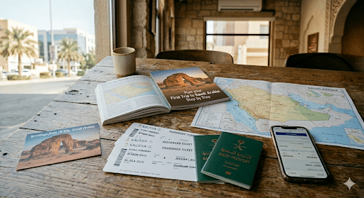 How to Plan your First Trip to Saudi Arabia Step by Step? Travel planning setup on a wooden table: maps, brochures, a passport, tickets, a phone, and a coffee cup, with a sunny street outside the cafe.