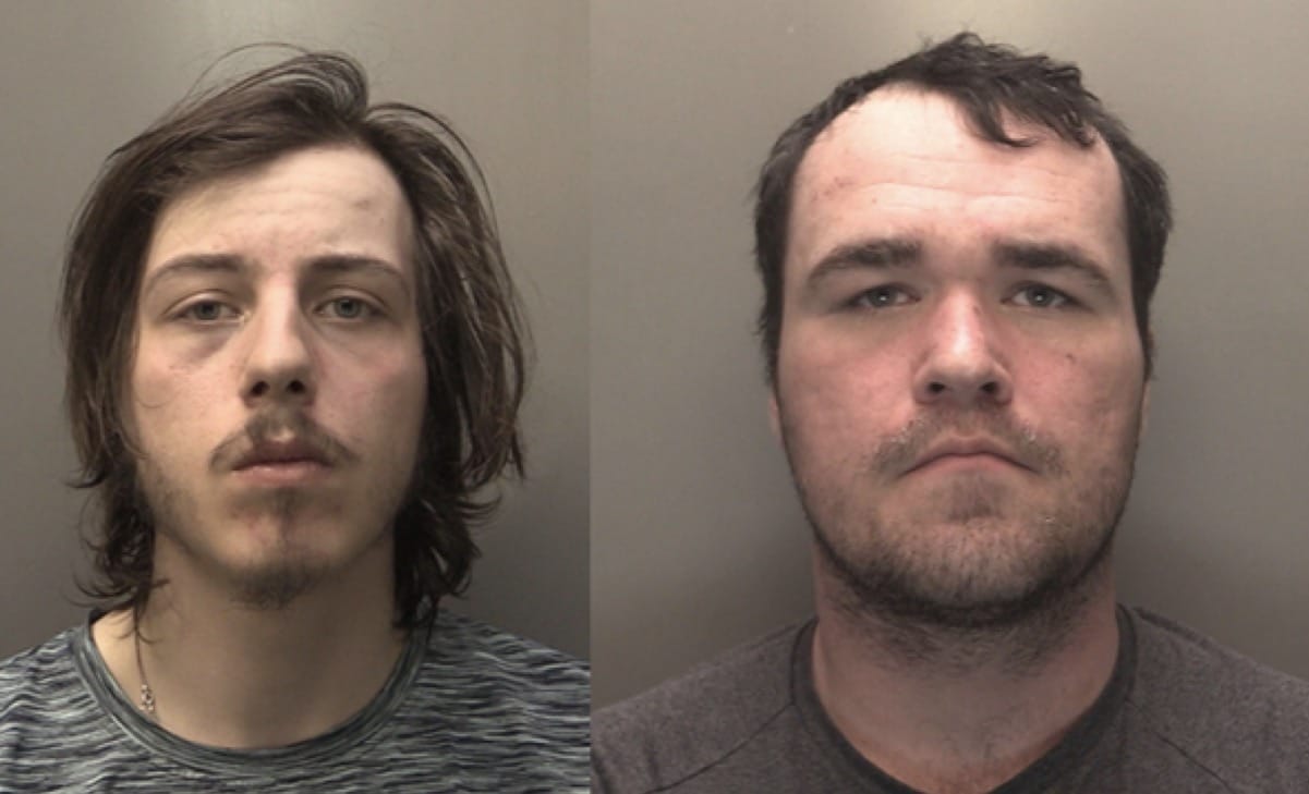 Two mugshots: left image shows a young man with shoulder-length hair and light stubble; right image shows a man with short hair and stubble, both with neutral expressions.