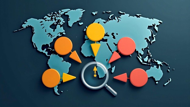 Global data analysis concept: world map with colored markers connected to a magnifying glass near the center.