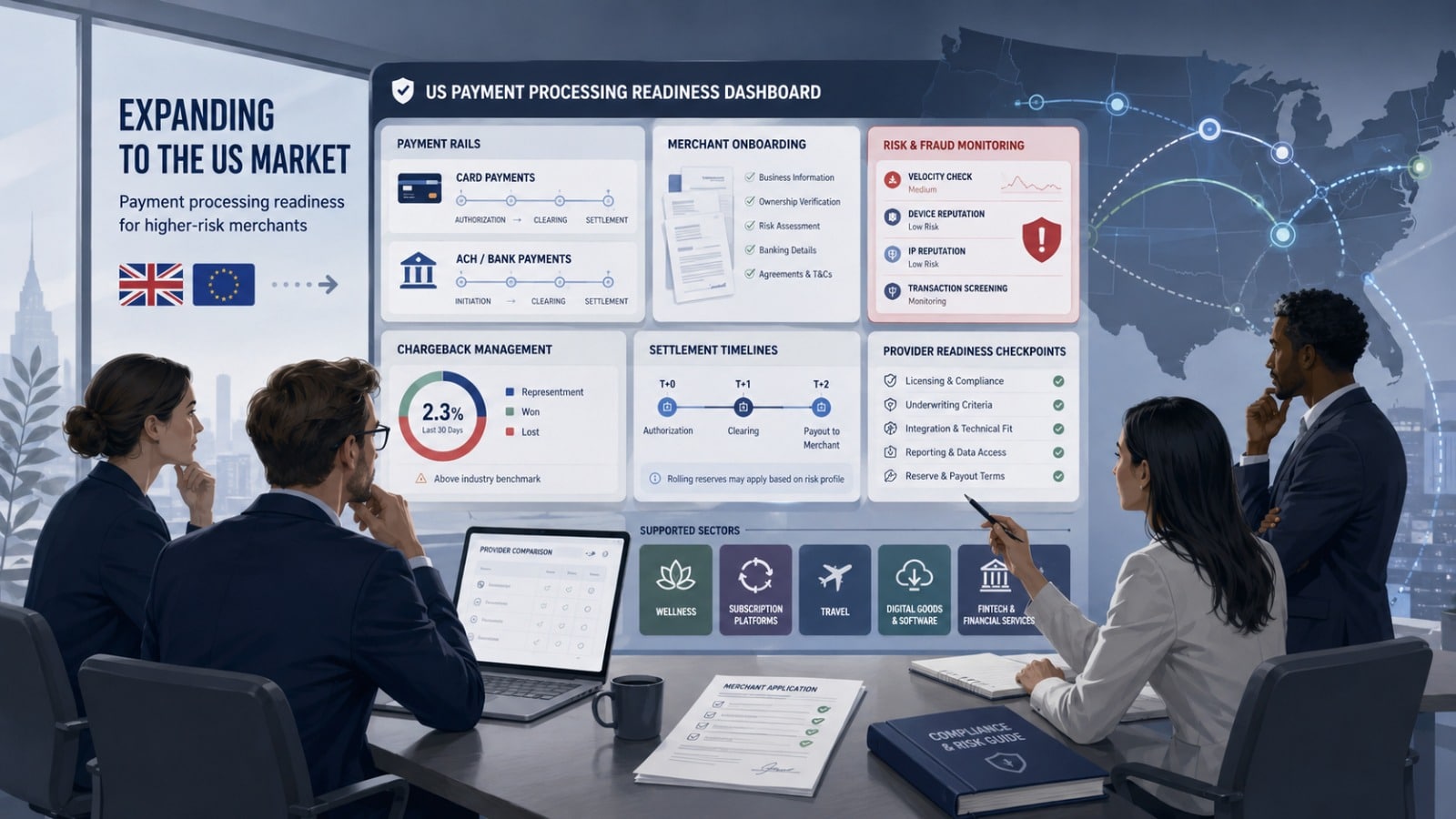 Team of four in suits analyzes a large wall dashboard about US payment processing readiness in a modern office setting.