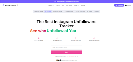 Landing page for Instagram unfollowers tracker with a username field and pink Start button, title 'The Best Instagram Unfollowers Tracker'.