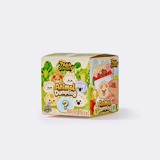 Blind box toy packaging for Animal Dumpling figures, front shows a question-mark dumpling and colorful cartoon dumplings against a jungle backdrop with 'Animal Dumpling Blind Box' text.