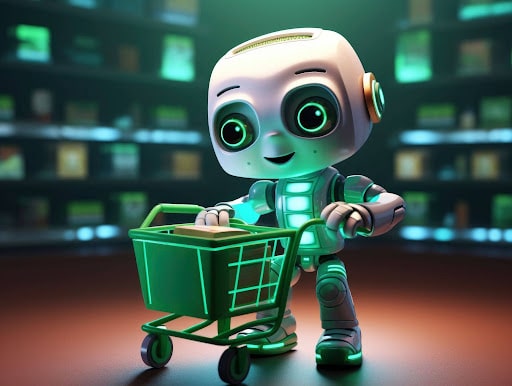 Cute cartoon robot with big green eyes pushing a green shopping cart in a brightly lit supermarket aisle.