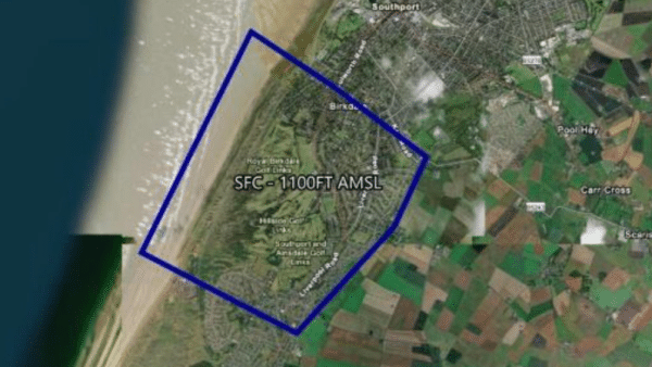 Aerial map showing a blue irregular polygon along the coast labeled SFC - 1100FT AMSL, indicating airspace boundary near Southport.