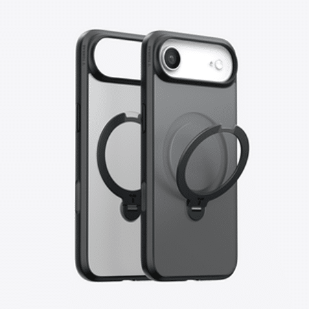 Two iPhone cases with circular MagSafe rings attached to the back, showing a magnetic mounting/grip accessory side by side.