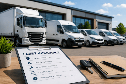 Clipboard showing 'Fleet Insurance' with coverage items, beside a notebook and keys, with white delivery trucks parked in the background.