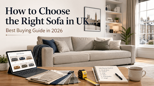 Living room scene with a beige sectional sofa, laptop showing a sofa catalog, notebook, yellow tape measure, and mug on a wooden table; article title: 'How to Choose the Right Sofa in UK' (Best Buying Guide in 2026)