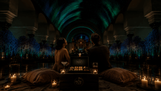 08- The Picnic Club Northern Lights Experience | OTS News - Southport A couple sits on plush cushions facing a grand stage with an organ, candles, and a box of chocolates labeled The Picnic Club in a dim, teal-lit hall.