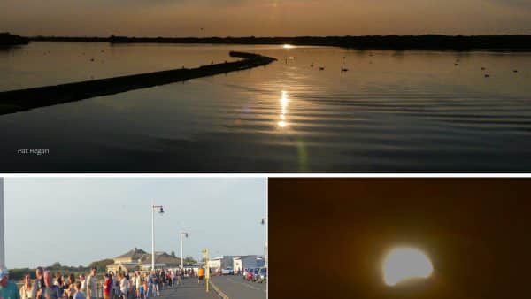Collage showing a sunset over calm water with a breakwater, sun reflection on the surface, and a crowd gathered along a roadside.