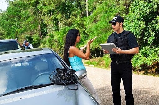 A female driver argues with a uniformed officer holding a clipboard beside a silver car on a rural road.